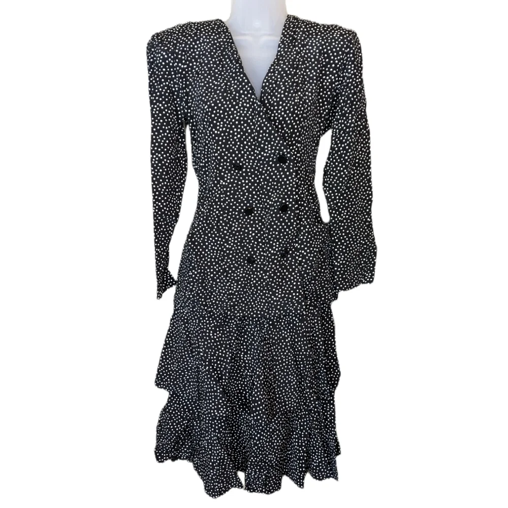 Vintage David Mitchell Black Polkadot Ruffle Skirt Blazer Suit Set Vtg 5/6 Med - Picture 1 of 16
